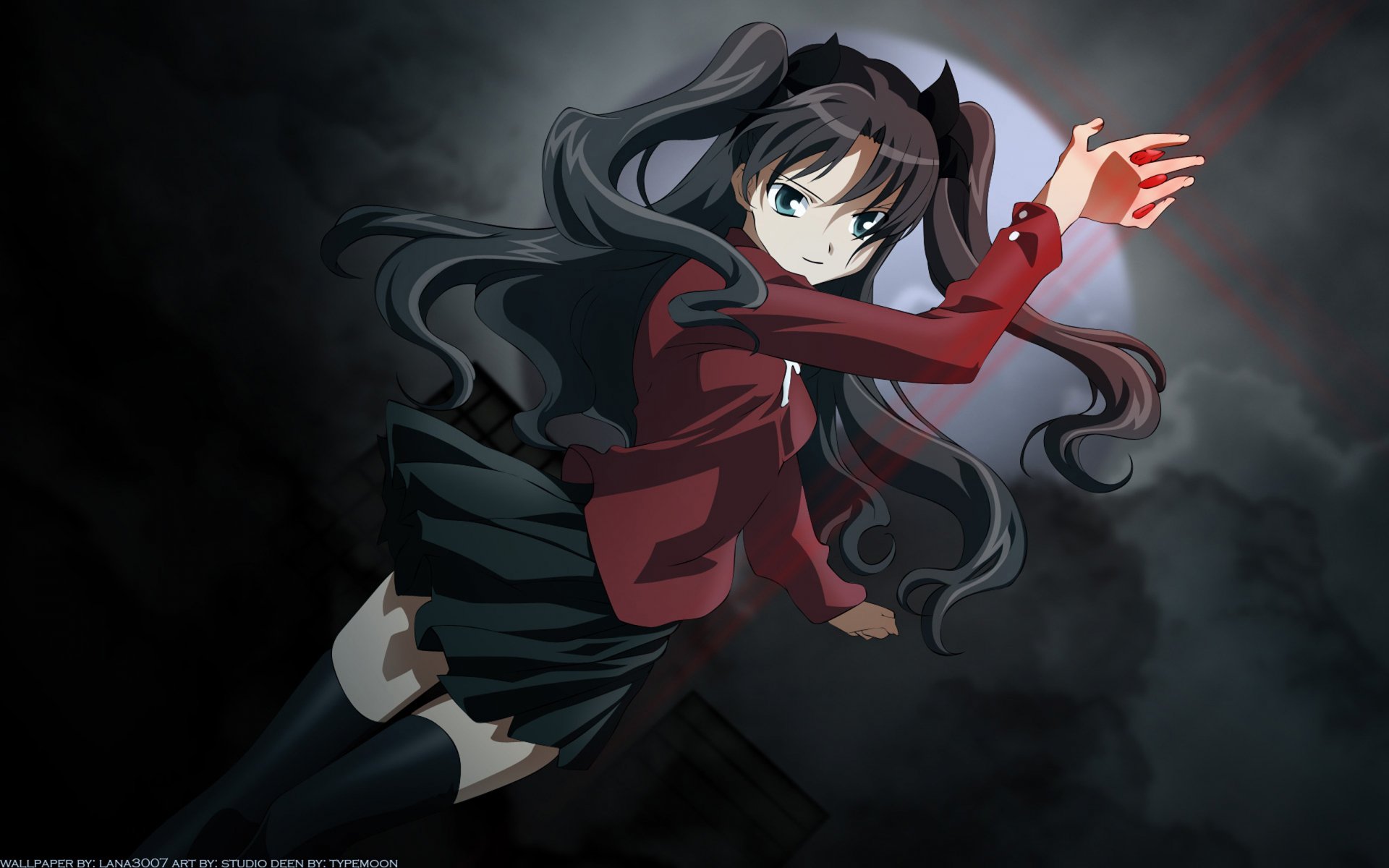 Rin Tohsaka from Fate/Stay Night in a dynamic pose, red jacket and black skirt, twin tails and glowing magic in her hand — 2K Quad HD anime PC desktop wallpaper/background.