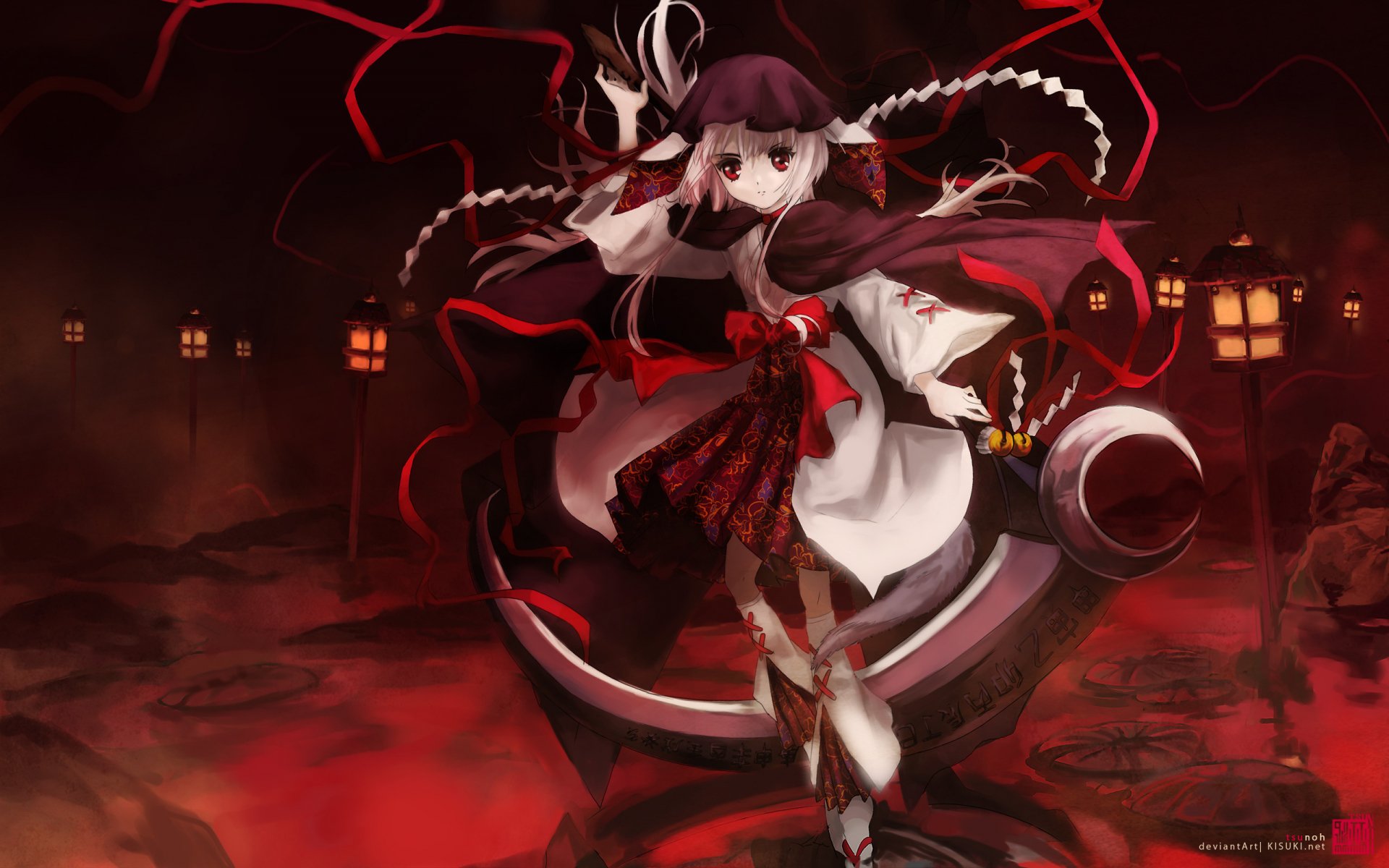 HD anime wallpaper featuring Nemuru Kushinada from Ōkami Kakushi, showcasing dark, atmospheric tones with vivid red and black hues in a dynamic pose.