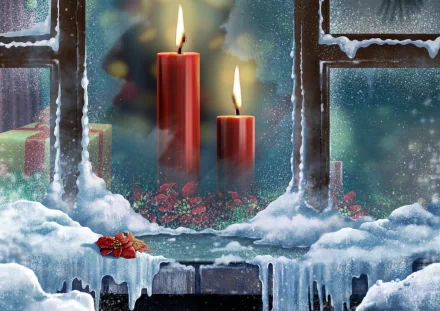 A festive HD desktop wallpaper featuring a snowy window scene with two lit red candles, Christmas gifts, and a small candle in the foreground, evoking the holiday spirit of Christmas.