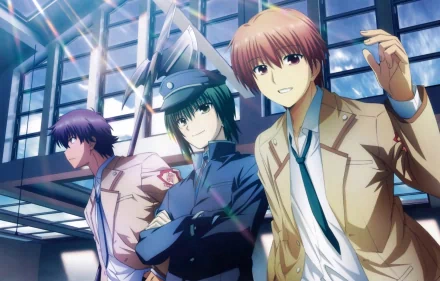 HD wallpaper featuring characters Ayato Naoi and Yuzuru Otonashi from Angel Beats!, showcasing a vibrant scene with a dynamic atmosphere.