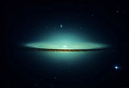 HD Sci-Fi desktop wallpaper featuring a glowing, flat galaxy against a backdrop of stars in space.