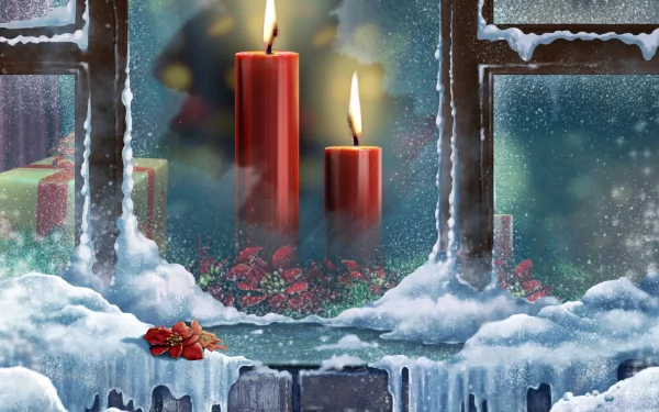 A festive HD desktop wallpaper featuring a snowy window scene with two lit red candles, Christmas gifts, and a small candle in the foreground, evoking the holiday spirit of Christmas.