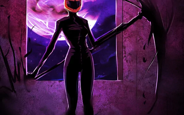 A striking HD wallpaper featuring a character from the anime Durarara!!, standing in silhouette against a vibrant, cosmic backdrop with a scythe in hand.