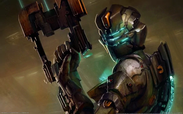 A dynamic HD desktop wallpaper featuring a character from the video game Dead Space 2, showcasing advanced armor and weaponry against a dark, atmospheric background.