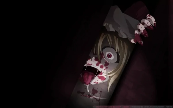 A dramatic HD wallpaper featuring Flandre Scarlet from the Touhou series, showcasing her intense expression and striking imagery with blood splatters.