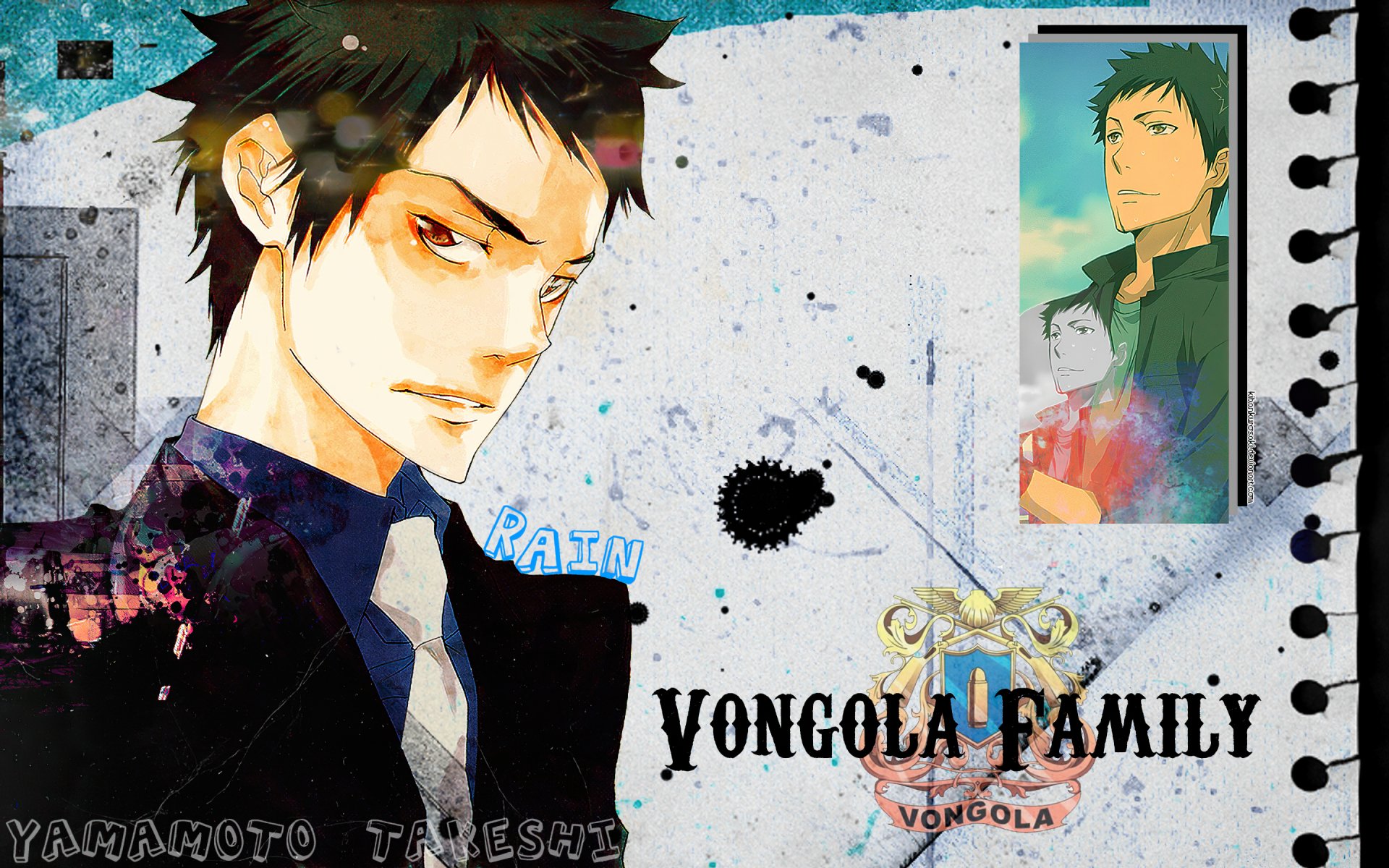 HD anime desktop wallpaper featuring Takeshi Yamamoto from Katekyō Hitman Reborn! with artistic splashes, text Vongola Family, and notebook-style background elements.