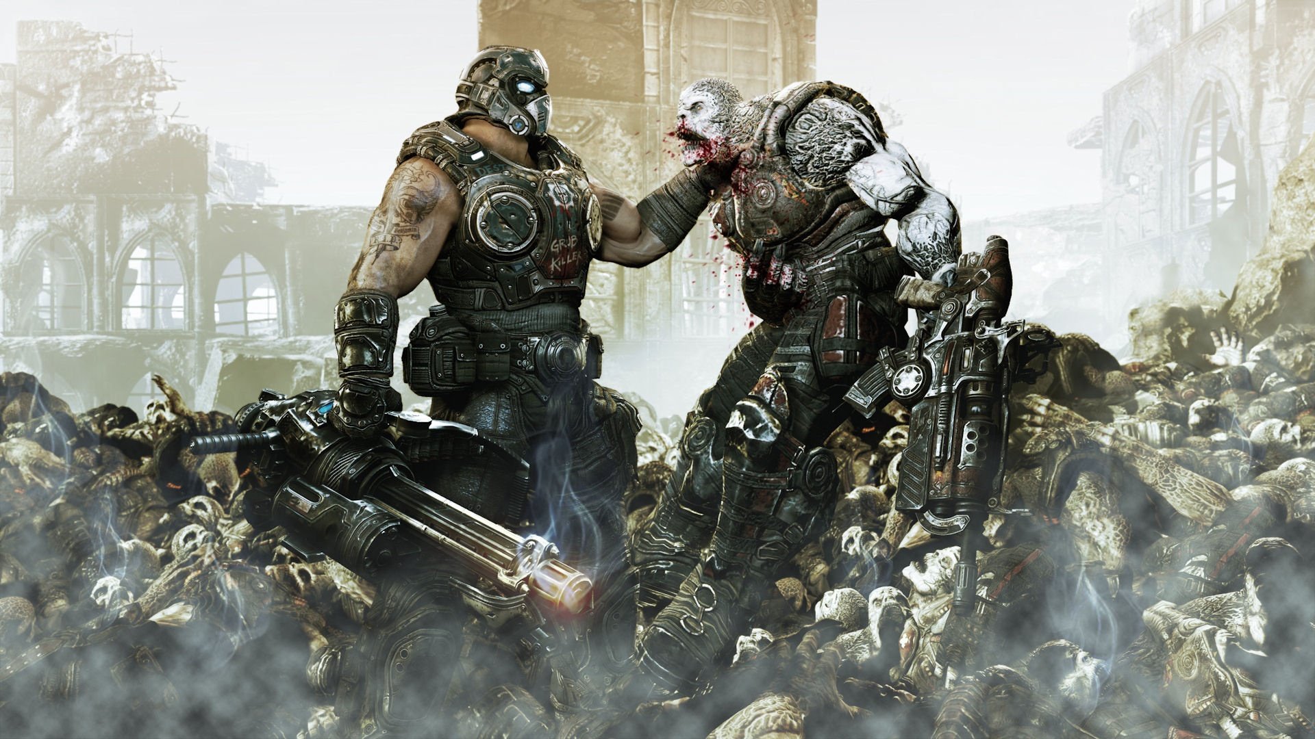 HD PC desktop wallpaper from video game Gears of War 3: two armored soldiers grapple amid a field of corpses, heavy weapons and a ruined city skyline.