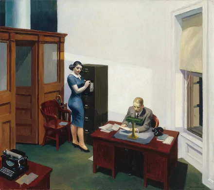 A detailed painting featuring a man working at a desk while a woman interacts with a filing cabinet, set in a bright, minimalist office space. This artistic work serves as an HD desktop wallpaper.