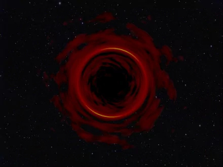 HD CGI sci-fi desktop wallpaper depicting a dark red wormhole swirling in deep space against a starry background.