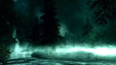 A high-definition desktop wallpaper featuring a misty, forested landscape from the video game The Elder Scrolls V: Skyrim.