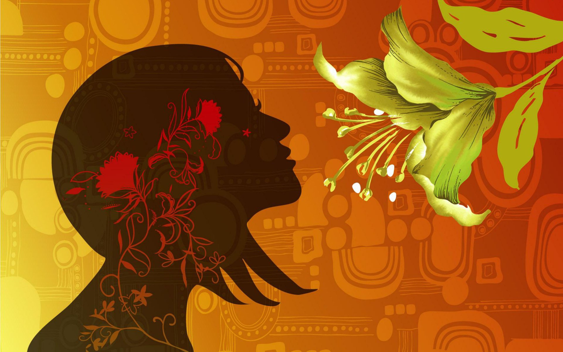 Artistic vector HD desktop wallpaper featuring a silhouetted profile with floral patterns facing a detailed green lily on a warm, textured orange background.