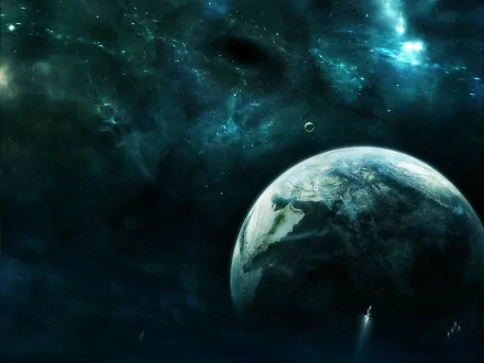 HD Sci-Fi wallpaper featuring a view of Earth from space, surrounded by a vast, dark cosmic background with distant stars and planets.