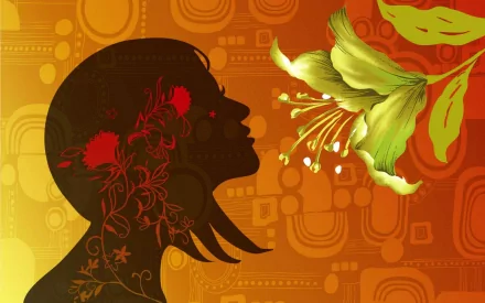Artistic vector HD desktop wallpaper featuring a silhouetted profile with floral patterns facing a detailed green lily on a warm, textured orange background.