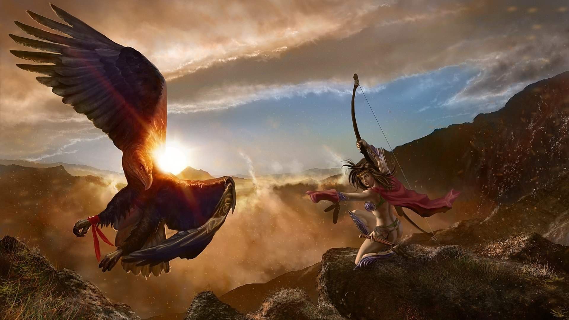 Fantasy-themed HD PC desktop wallpaper featuring a skilled archer poised to shoot an arrow at a large, soaring eagle against a dramatic sunset sky.