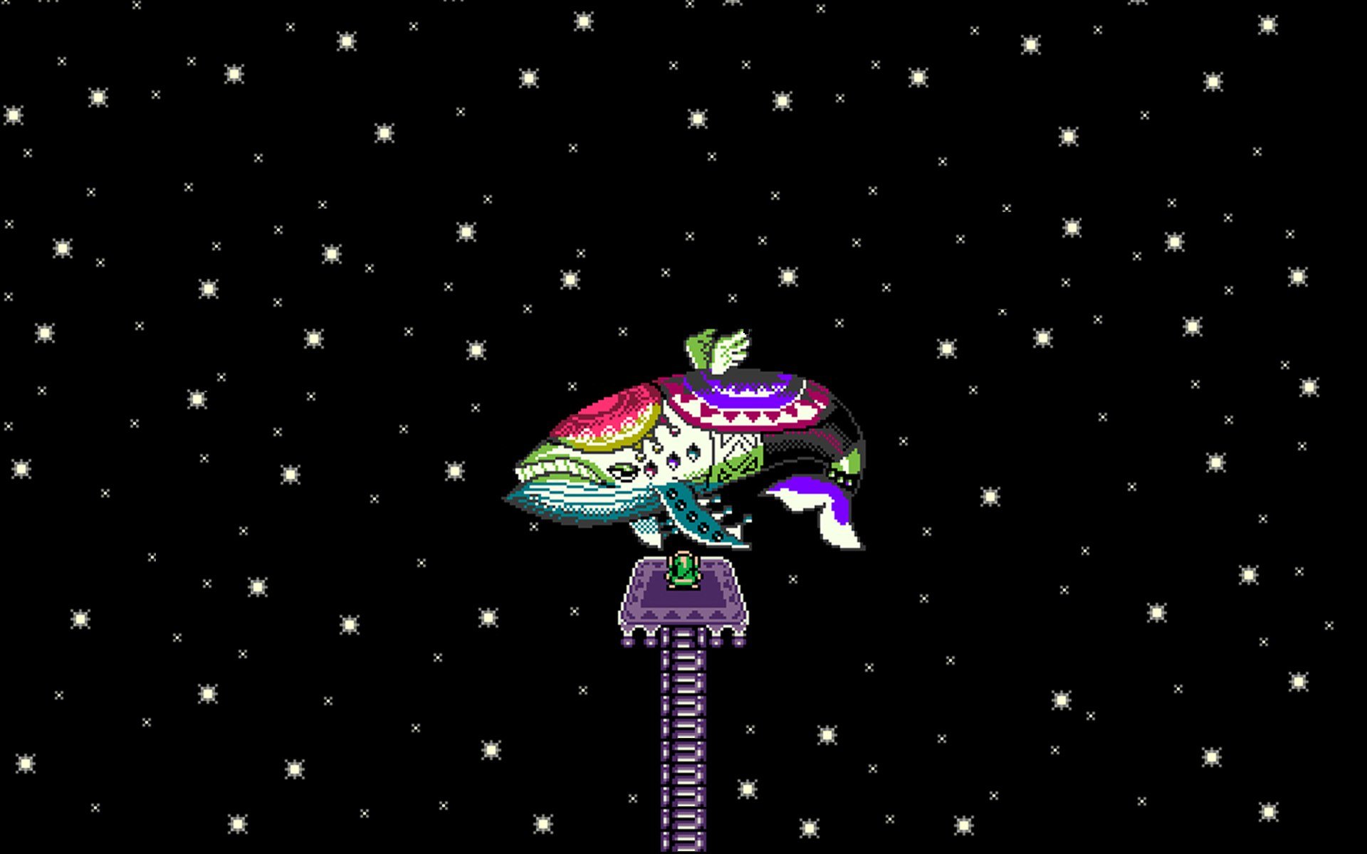 HD PC desktop wallpaper from the video game The Legend of Zelda: Link's Awakening — colorful Wind Fish perched atop a sword-like pillar against a starry black sky.
