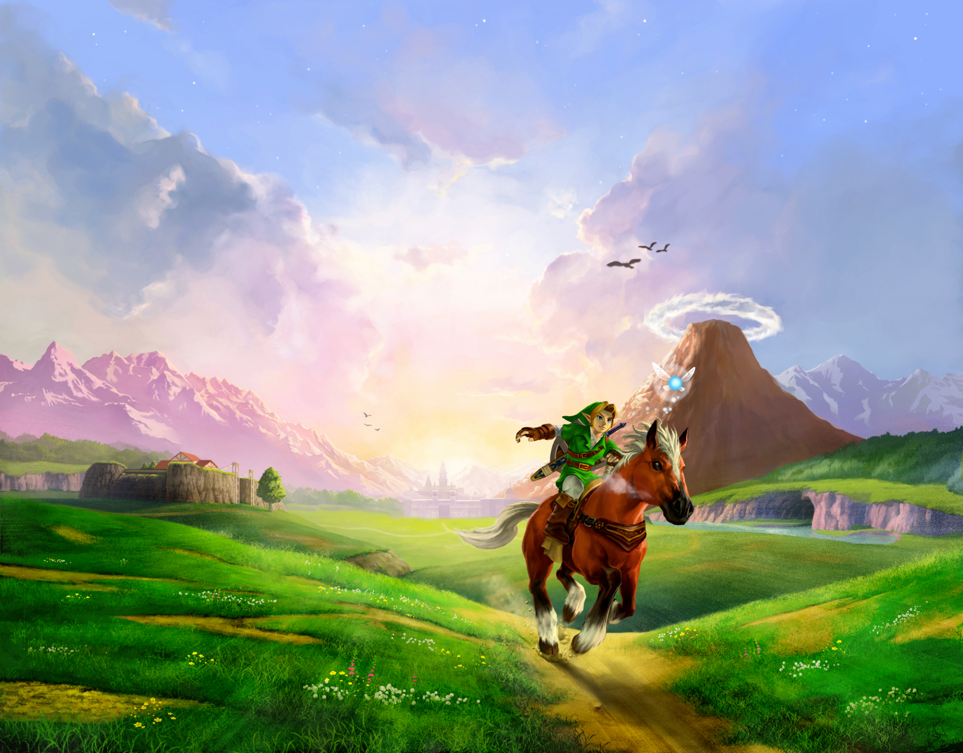 HD PC desktop wallpaper featuring Link riding Epona across lush fields with a vibrant sky in the background, inspired by the video game The Legend of Zelda: Ocarina of Time.