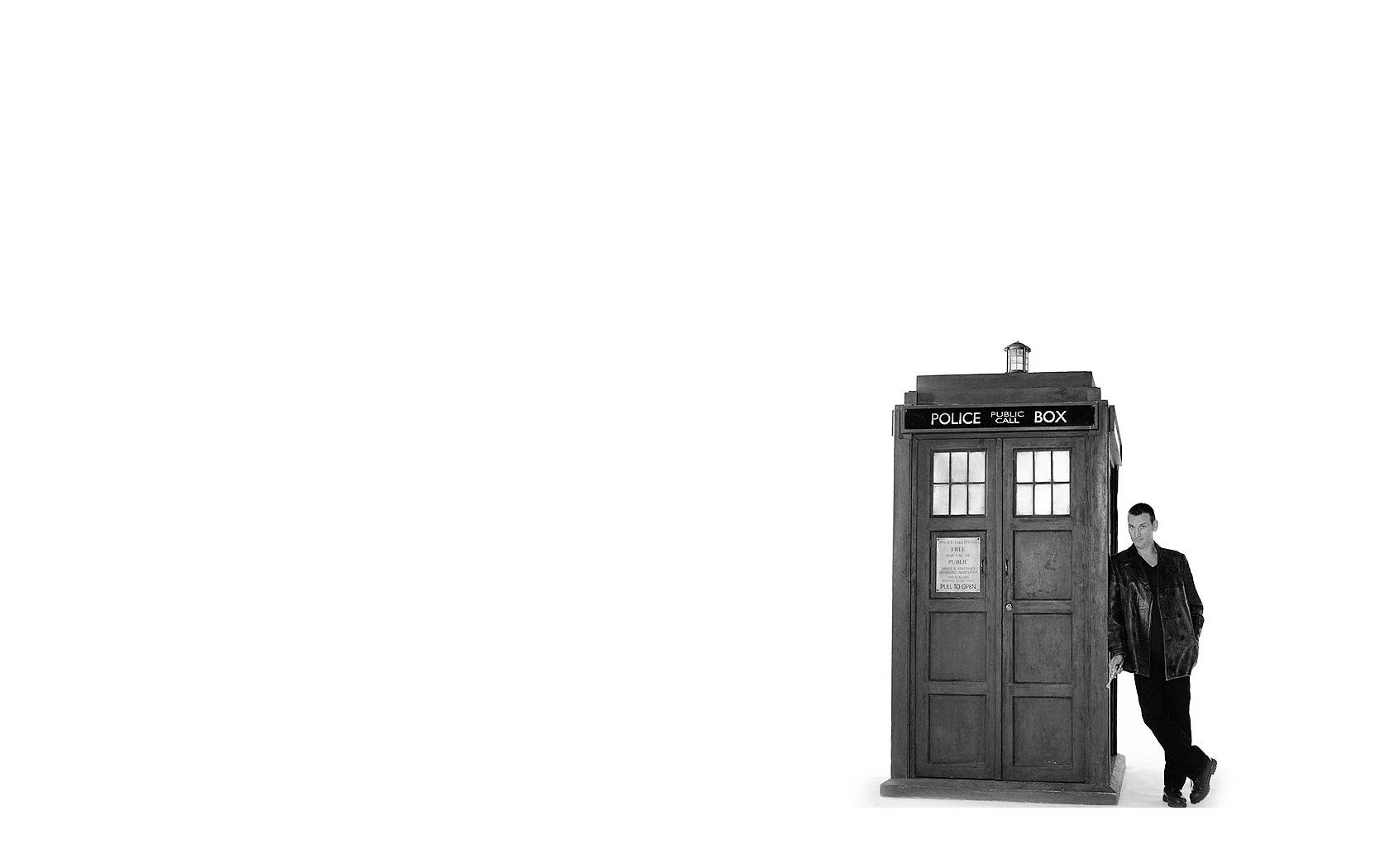 HD PC desktop wallpaper of Doctor Who (2005): the TARDIS with a solitary figure leaning against it on a white minimalist background.