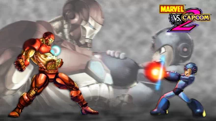 Iron Man faces Mega Man in a dynamic Marvel vs. Capcom 2 video game scene, 2K Quad HD PC desktop wallpaper with the game logo.