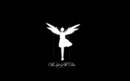 A minimalist HD anime wallpaper featuring a graceful figure with angelic wings, set against a black background, embodying the essence of Clover.