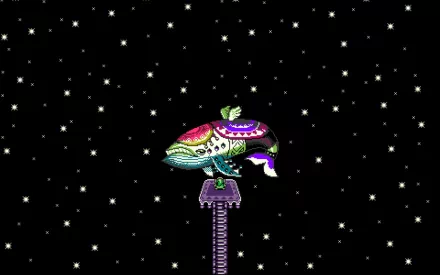 HD PC desktop wallpaper from the video game The Legend of Zelda: Link's Awakening — colorful Wind Fish perched atop a sword-like pillar against a starry black sky.