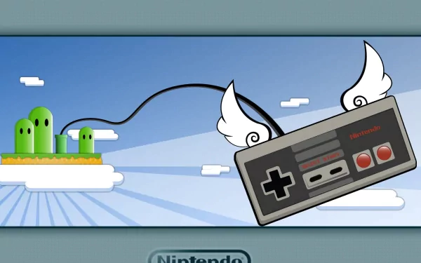 A vibrant HD PC wallpaper featuring a whimsical Nintendo-themed landscape with green hills and a classic game controller with wings soaring through a blue sky.