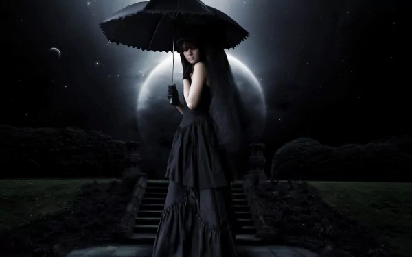 A gothic-themed HD desktop wallpaper featuring a woman in dark attire holding an umbrella, standing on steps under moonlight with a dark, atmospheric background.