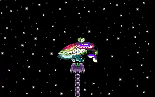 HD PC desktop wallpaper from the video game The Legend of Zelda: Link's Awakening — colorful Wind Fish perched atop a sword-like pillar against a starry black sky.