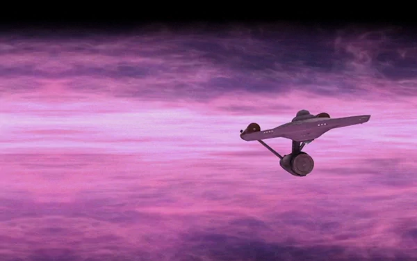HD PC desktop wallpaper from the TV show Star Trek: The Original Series, showing the USS Enterprise silhouette cruising above a purple-pink nebula background.