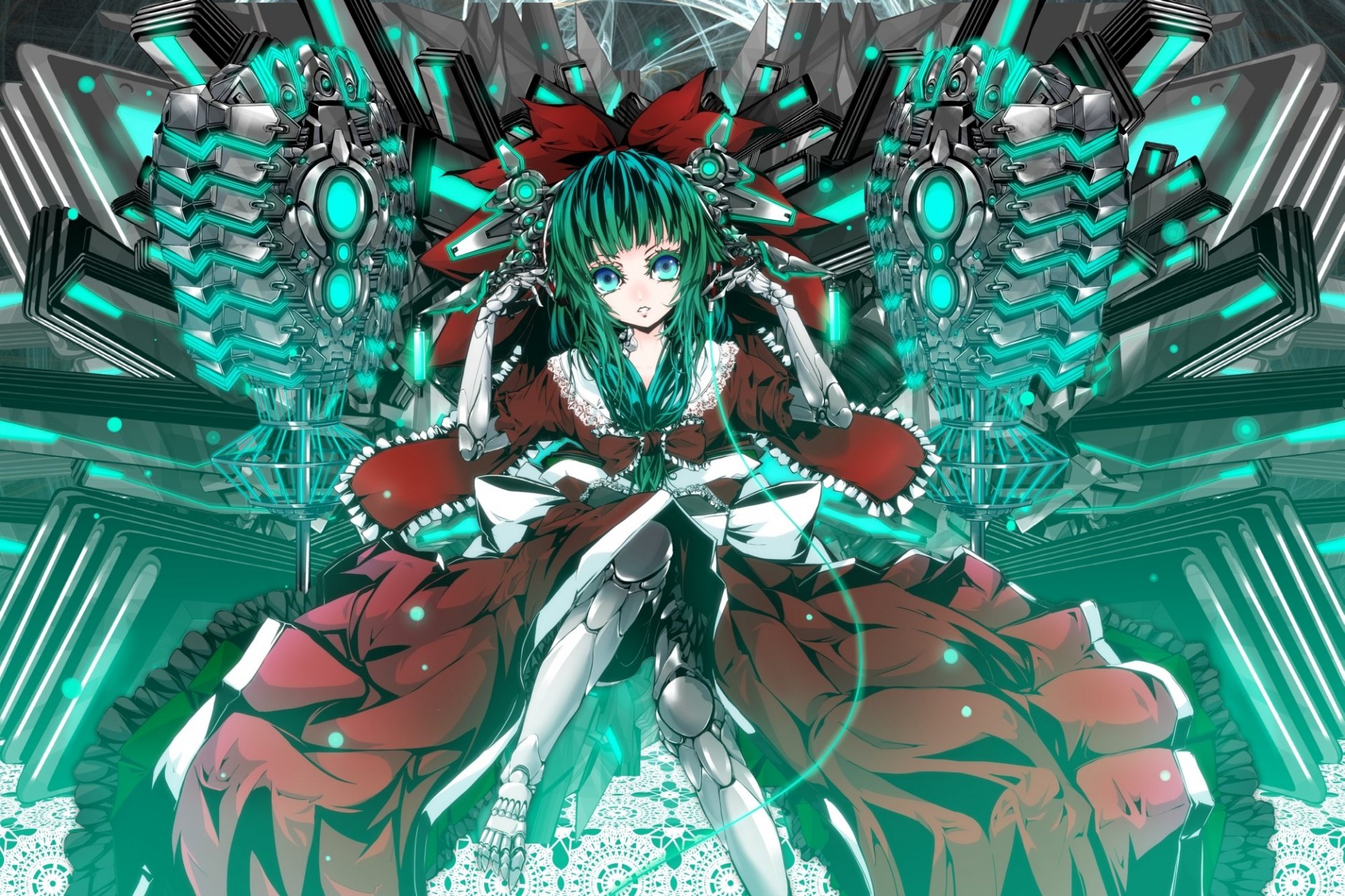 HD anime desktop wallpaper featuring Hina Kagiyama from Touhou with green hair, dressed in red and surrounded by intricate futuristic fantasy machinery.