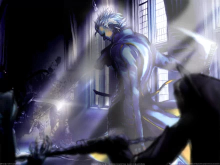 HD PC desktop wallpaper featuring a stylized character from Devil May Cry 4, showcasing a dramatic, shadowy atmosphere with light streaming through tall windows.