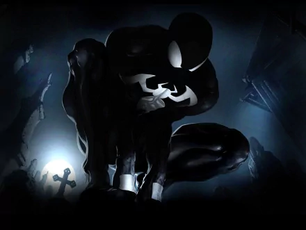 HD desktop wallpaper featuring Peter Parker as Spider-Man in his black suit, crouched in a dramatic, moonlit scene with graveyard elements.