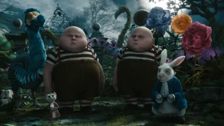 HD PC desktop wallpaper featuring characters from the movie Alice in Wonderland (2010), including Tweedledee, Tweedledum, the White Rabbit, and colorful oversized flowers.