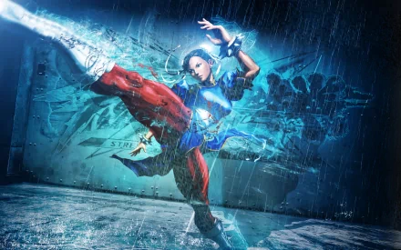 HD PC desktop wallpaper featuring a dynamic action shot of Chun-Li from the video game Street Fighter X Tekken executing a powerful kick in a rain-soaked urban setting.