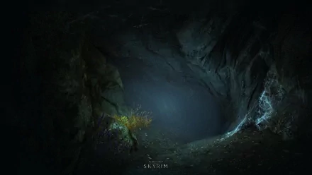 A dark cave scene from The Elder Scrolls V: Skyrim, featuring eerie lighting and colorful flora, serves as an atmospheric HD wallpaper for fans of the video game series.