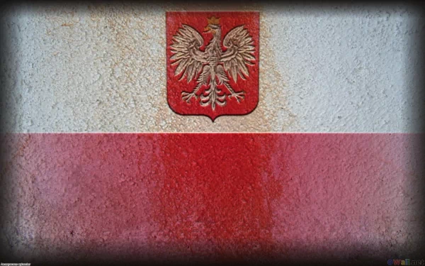 HD PC desktop wallpaper featuring the Polish flag with the national coat of arms on a textured concrete background.