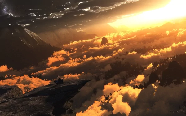 HD desktop wallpaper of a fantasy landscape with mountains, and dawn light illuminating clouds in a dramatic sky.