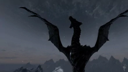 HD PC desktop wallpaper showcasing a dragon soaring in the night sky from The Elder Scrolls V: Skyrim, part of The Elder Scrolls video game series.
