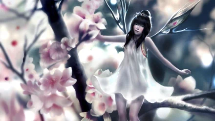 HD wallpaper featuring a fantasy scene of a fairy with delicate wings standing amidst blossoming flowers.