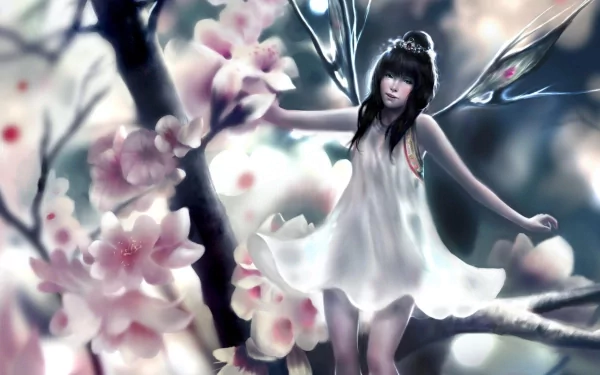 HD wallpaper featuring a fantasy scene of a fairy with delicate wings standing amidst blossoming flowers.