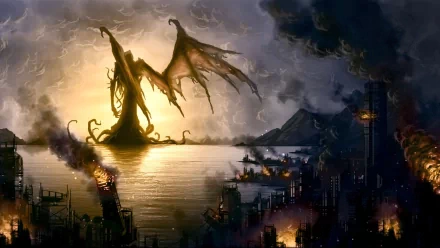 A dark fantasy scene depicting a demon-like figure with wings emerging from the ocean, set against a city skyline, evoking themes from Cthulhu mythology. HD wallpaper background.