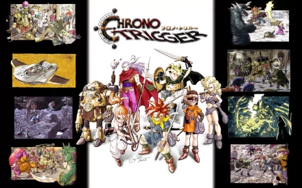 HD PC desktop wallpaper of the video game Chrono Trigger: central group portrait featuring Lucca, Ayla, Marle and allies beneath the Chrono Trigger logo, framed by surrounding game artwork panels.