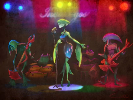 HD PC desktop wallpaper featuring a vibrant, stylized band of characters from the video game The Legend of Zelda: Majora's Mask performing on stage with colorful lighting.