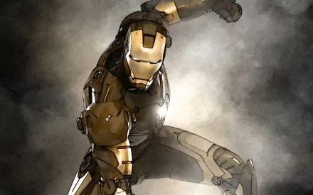 HD desktop wallpaper featuring Iron Man in an action pose, set against a dramatic, smoky background.