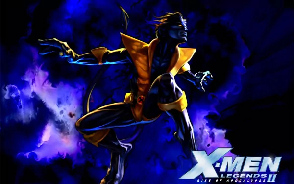 HD desktop wallpaper featuring Nightcrawler from Marvel Comics in the video game X-Men Legends II: Rise of Apocalypse, set against a dark, vibrant blue background.
