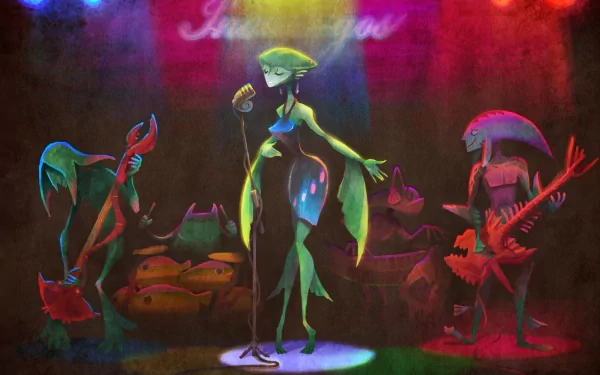 HD PC desktop wallpaper featuring a vibrant, stylized band of characters from the video game The Legend of Zelda: Majora's Mask performing on stage with colorful lighting.