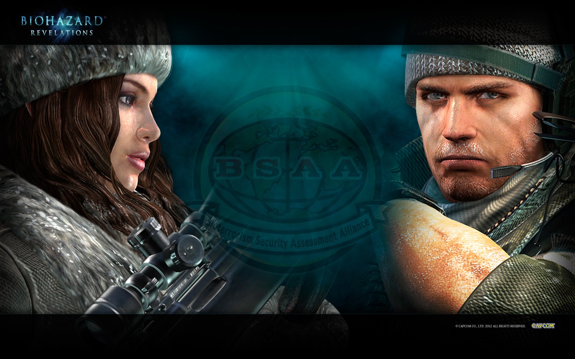 HD PC desktop wallpaper featuring characters from the video game Resident Evil: Revelations, showcasing intense close-ups and a dark, atmospheric background.