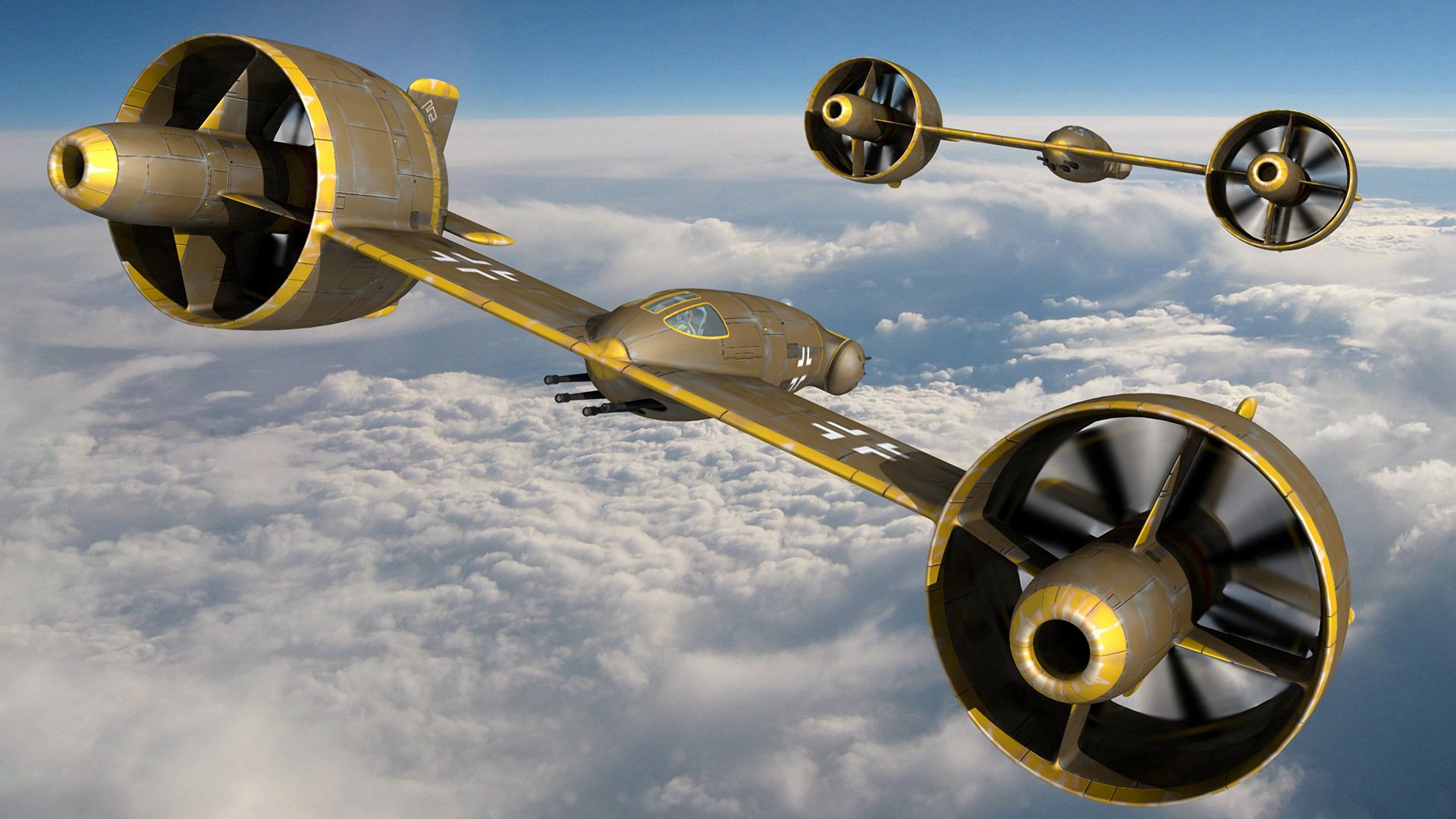 A high-definition wallpaper featuring military aircraft soaring above the clouds, showcasing unique design elements and powerful propellers against a serene sky backdrop.