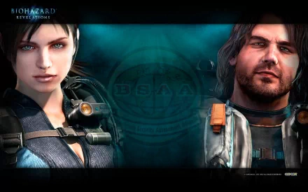 HD PC desktop wallpaper featuring characters from the video game Resident Evil: Revelations, showcasing detailed, intense close-ups with a dark, atmospheric background.