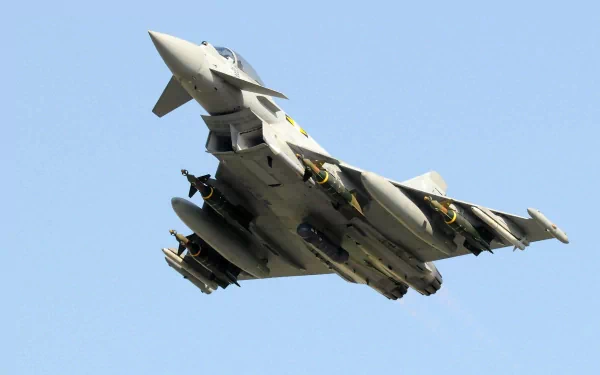 HD desktop wallpaper featuring a Eurofighter Typhoon military jet in flight against a clear blue sky.