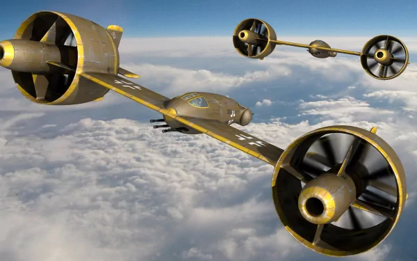 A high-definition wallpaper featuring military aircraft soaring above the clouds, showcasing unique design elements and powerful propellers against a serene sky backdrop.